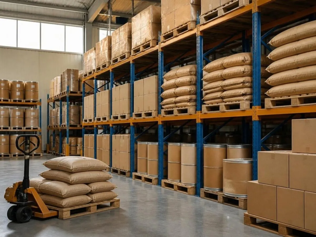 Zenith Nutra Products warehouse — pallets of bulk ingredient sacks, fibre drums and cartons